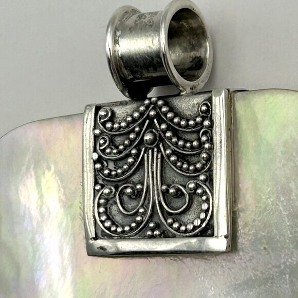 Artisan Sterling Silver 925 Mother of Pearl Iridescent Pendant Shell Boho 2in - Picture 2 of 10